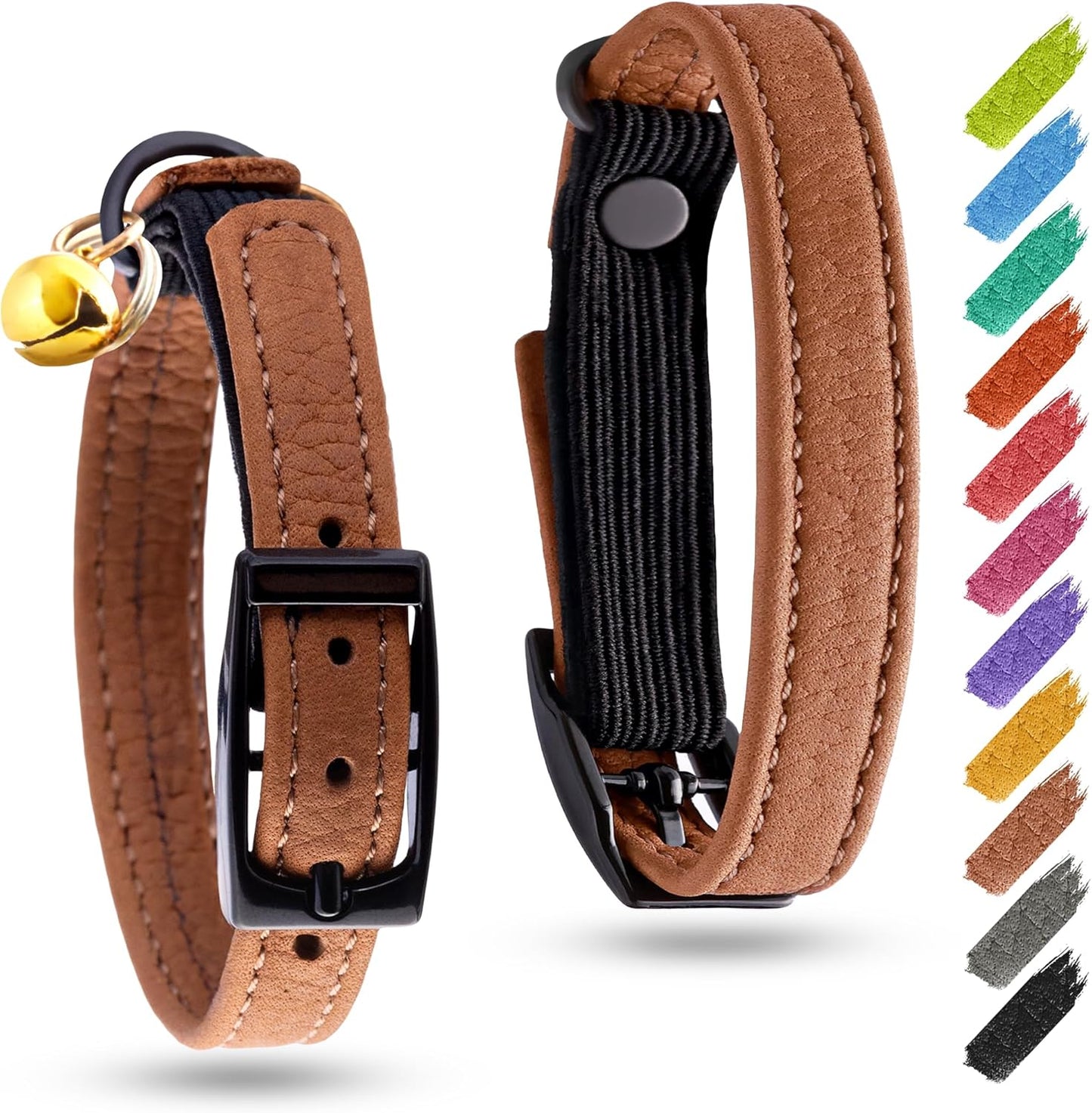 Leather Cat Collar with Bell and Safety Elastic Strap Breakaway Alternative for Small & Large Kittens, Stylish Pet Leather Collar for Boy, Girl Cats with Metal Buckle & QR ID Tag (Green)