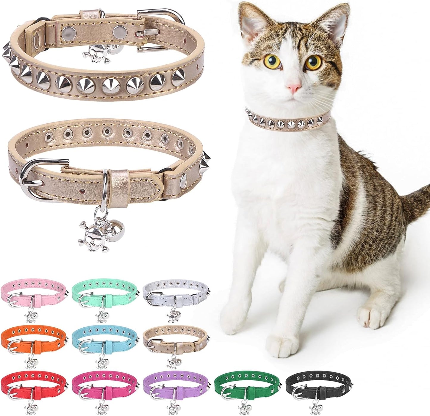 Leather Cat Collars for Boy Girl Cats with Bell and Safety Elastic Belt, Personalized Star and Moon Stud Adjustable Safe Buckle Collar for Kitty Small Big Cats Size 7-9 Inch, Black