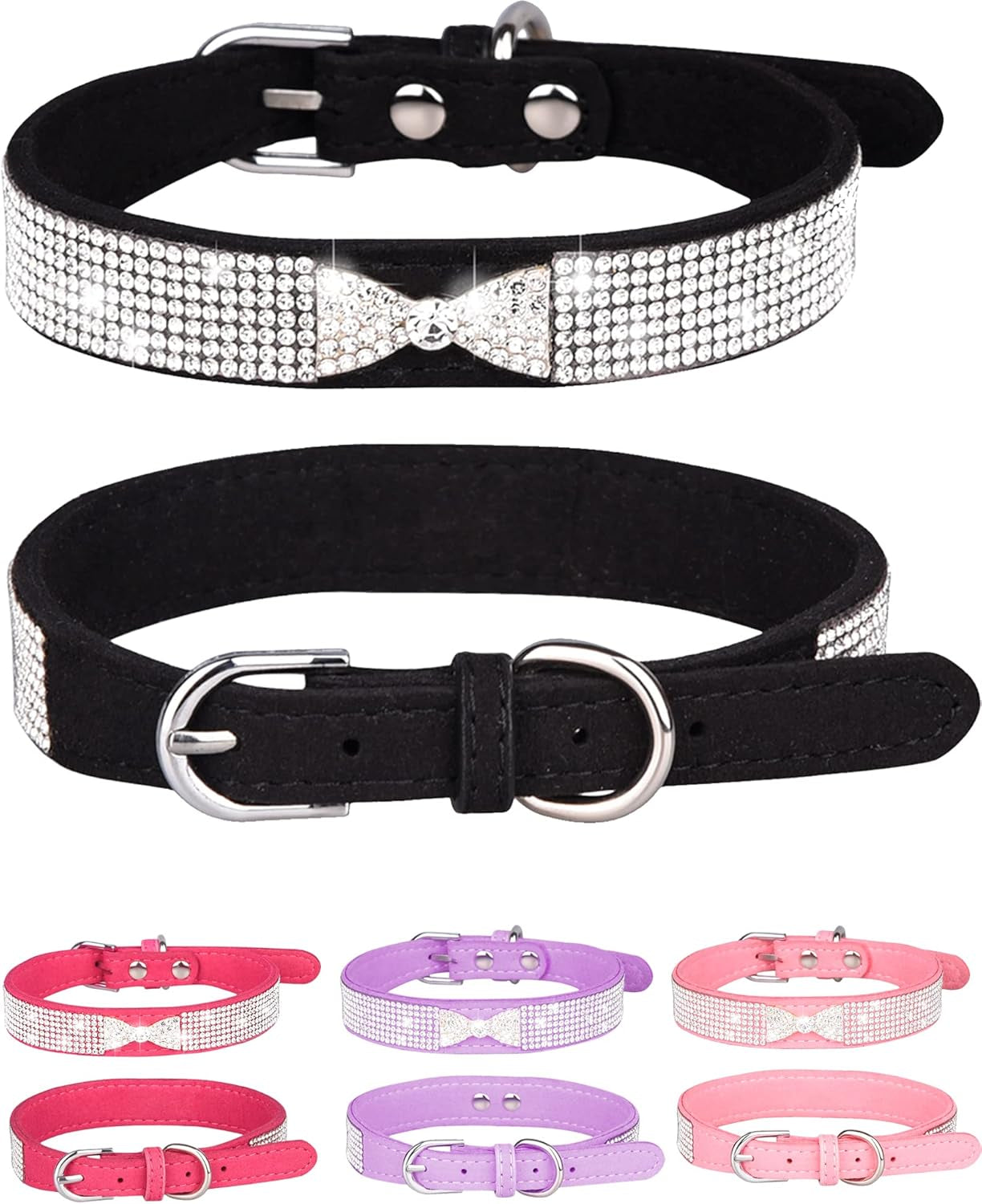 Dog Collar for Small Dogs, Adjustable Leather Suede Bling Dog Collars，Pink Dog Collar Cat Collar, Rhinestone Dog Collar(S, Pink)