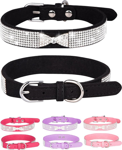 Dog Collar for Small Dogs, Adjustable Leather Suede Bling Dog Collars，Pink Dog Collar Cat Collar, Rhinestone Dog Collar(S, Pink)