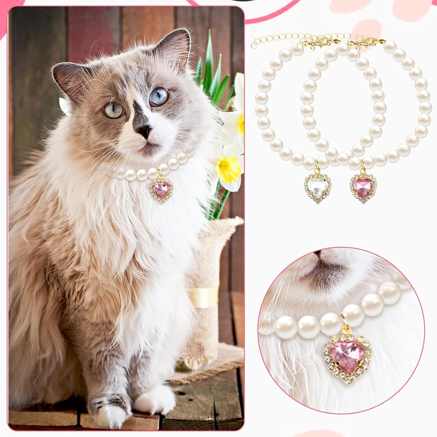 2Pcs Cute Girl Cat Collar, Fancy Dog Pearl Necklace Collars Adjustable Pearl Dog Cats Collars with Small Heart Shape Rhinestone for Small Dogs and Cats, Pink Heart + White Heart