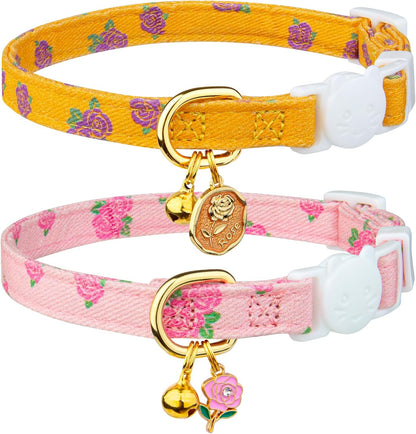 2 Pack Cotton Breakaway Cat Collar Pink Strawberries and White Heart Shaped Pendant Cute Kitten Cat Collar with Bell