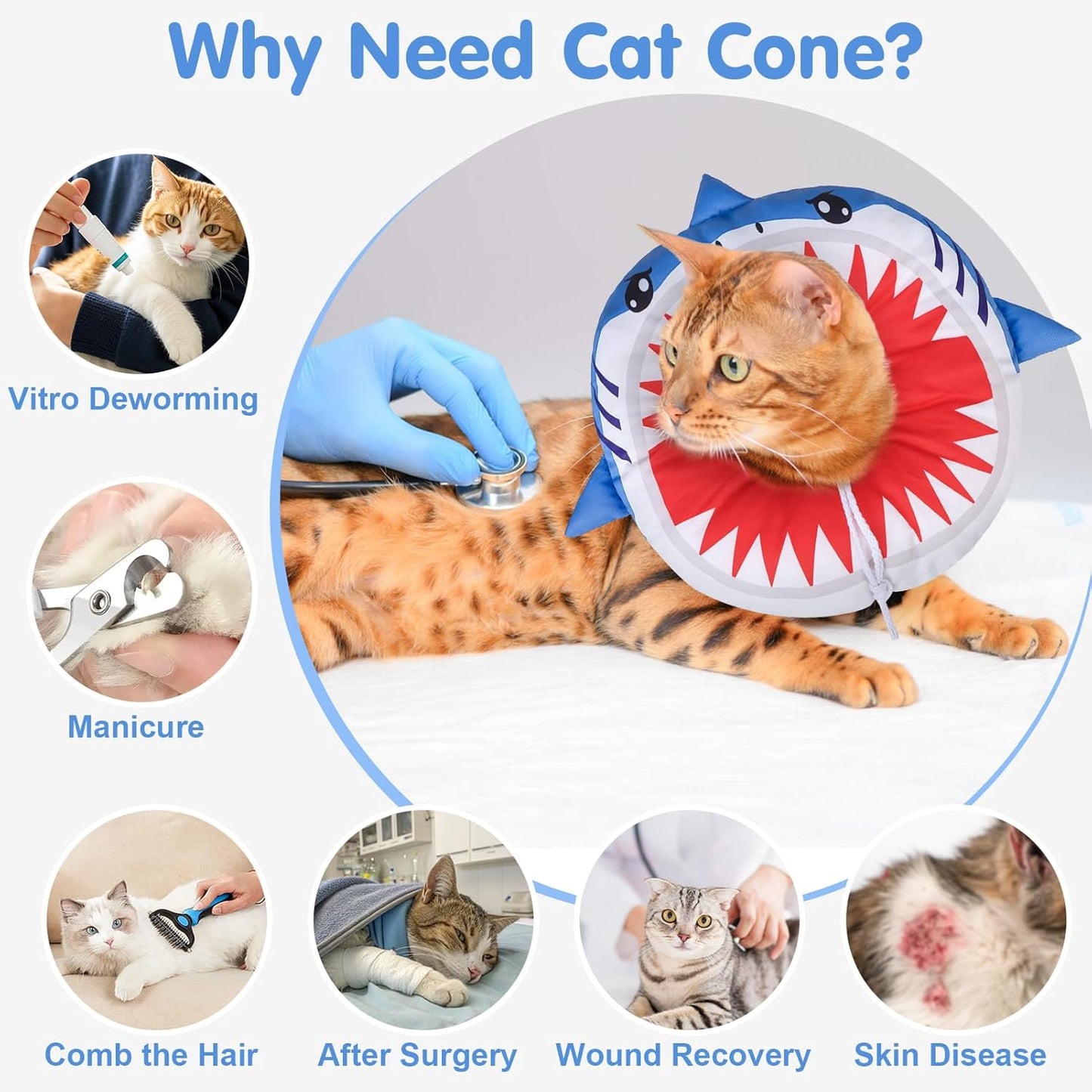 Cat Cone Collars Soft, Cat Recovery E Collars after Surgery to Stop Licking, Adjustable Elizabeth Circle Collar Cute Pet Donut Pillow for Cats Kitten Small Dogs, Cute Shark S