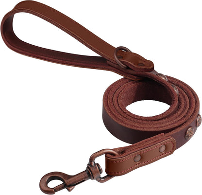 Leather Dog Leash 5Ft X 3/4 Inch, Luxurious Genuine Leather Dog Training Leashes with Soft Padded Handle & Bronze Rivets, Stylish & Durable Pet Lead for Medium Large Dogs Walking,Black