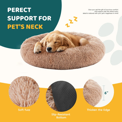 24 Inch Fluffy Donut Dog Bed for Small/Medium Dog, Medium Calming Pet Bed, Soft Plush, Anti-Anxiety, Machine Washable, Brown