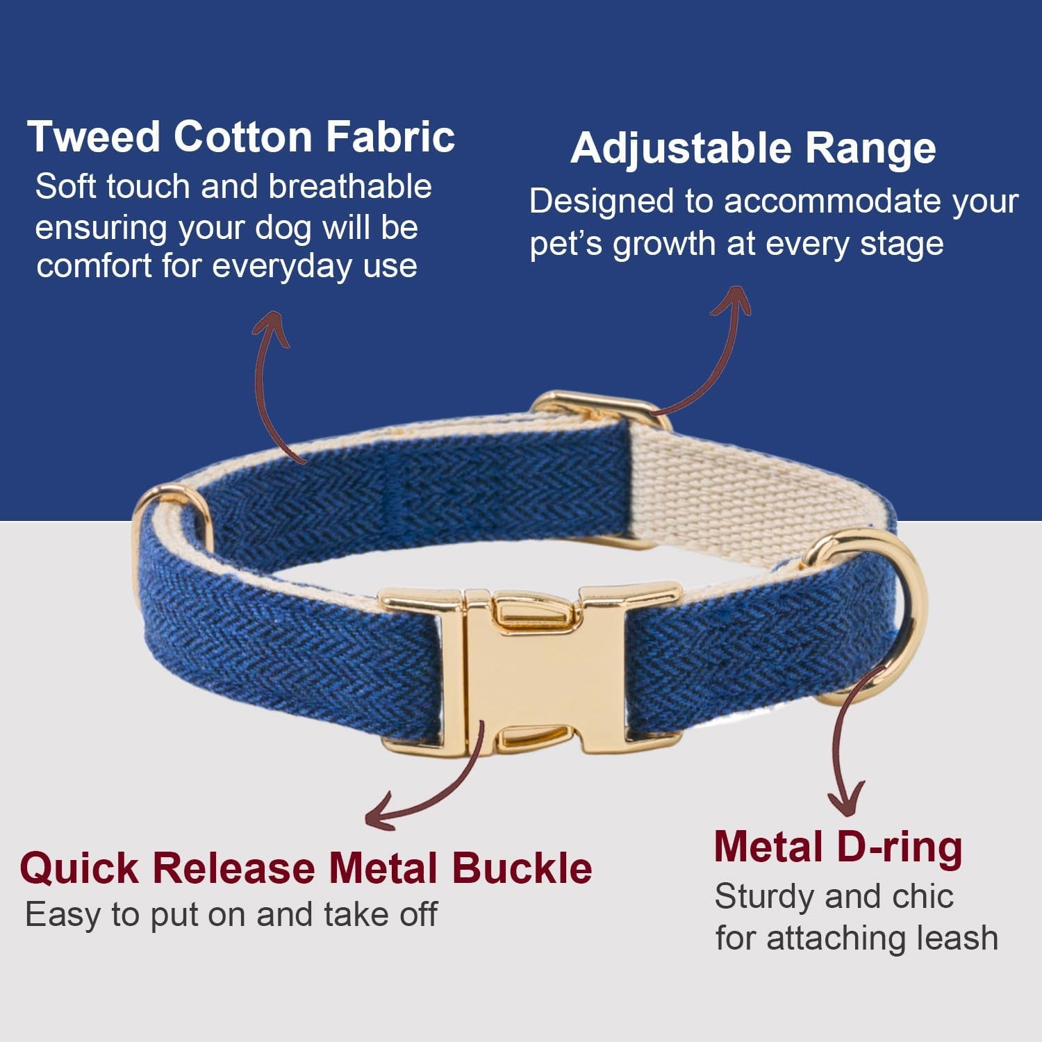 Soft Hemp Dog Collar and Leash Set Adjustable Woven Tweed Dog Collars with Metal Buckle and Lead for Small Medium Large Dogs,Royal Blue