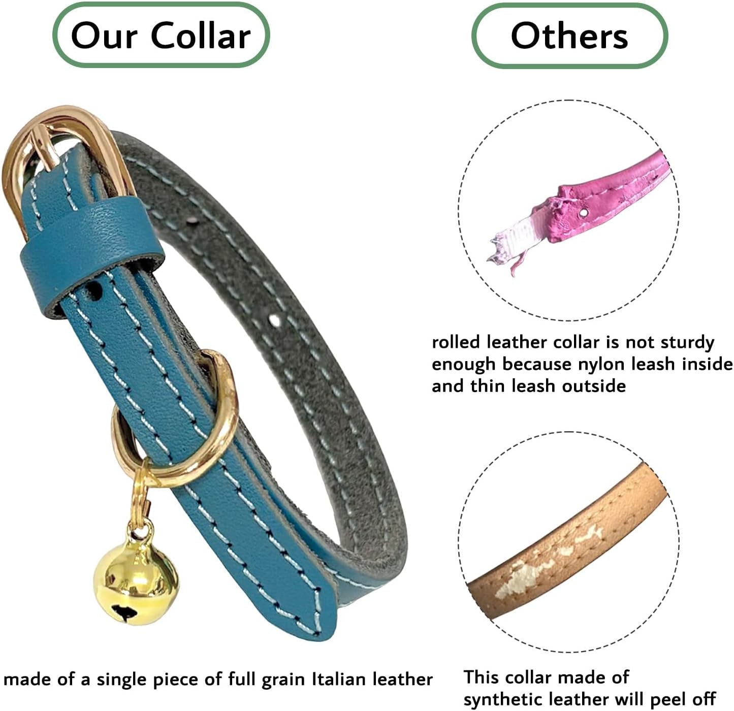 Leather Collar for Puppy, Cute Soft Thin Dogs Collars for Small Medium Dogs, Cat Collar with Bell (Blue, XS, 9"-12")