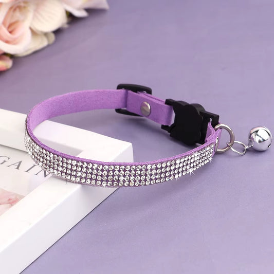Soft Pink Suede Leather Cat Collar - Cute Bling Rhinestone Design, with Bell & Safety Breakaway Buckle, Adjustable XS/S Sizes