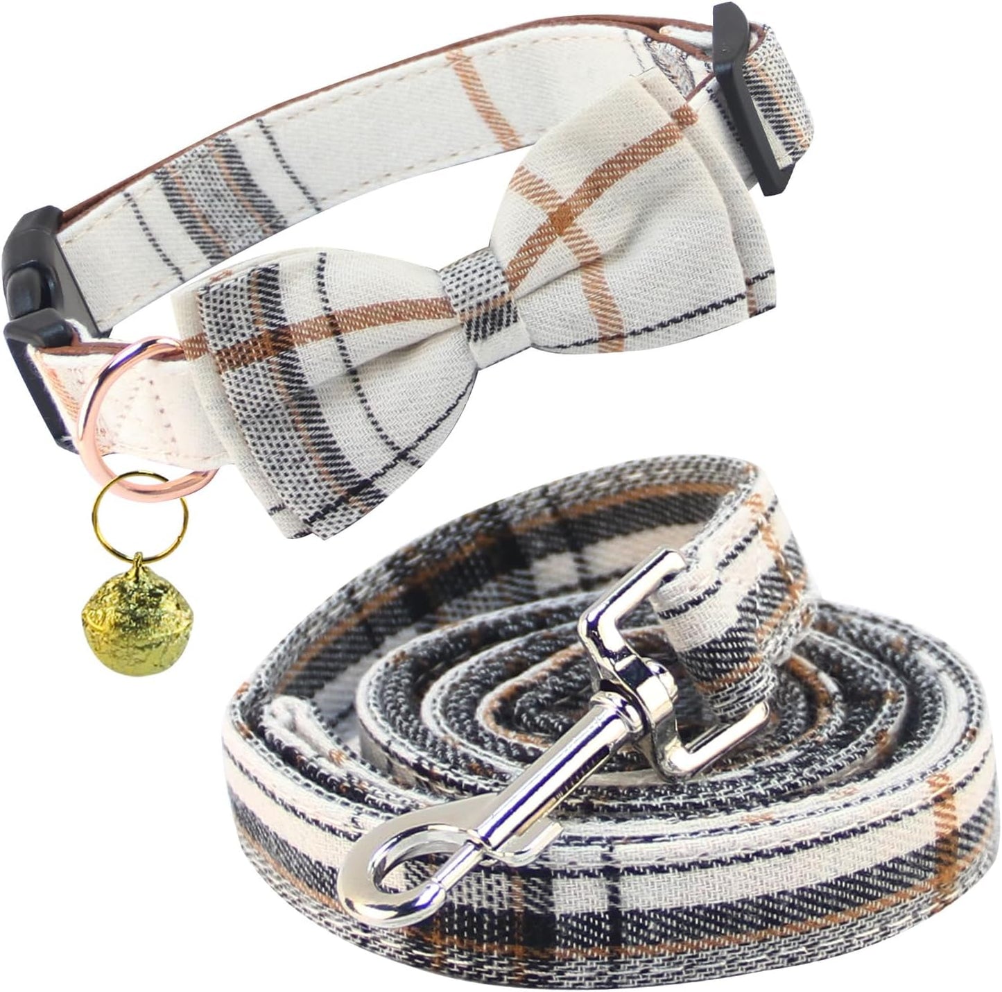 Dog Collar and Leash Set-Plaid Puppy Collar with Bow Tie - Adjustable Pet Collar for Dogs with Bell, Stylish Pattern for Small Medium or Large Boy and Girl Dog