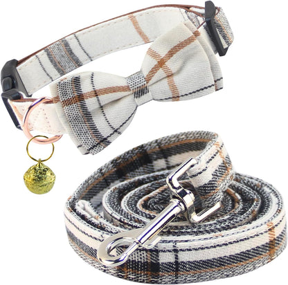 Dog Collar and Leash Set-Plaid Puppy Collar with Bow Tie - Adjustable Pet Collar for Dogs with Bell, Stylish Pattern for Small Medium or Large Boy and Girl Dog