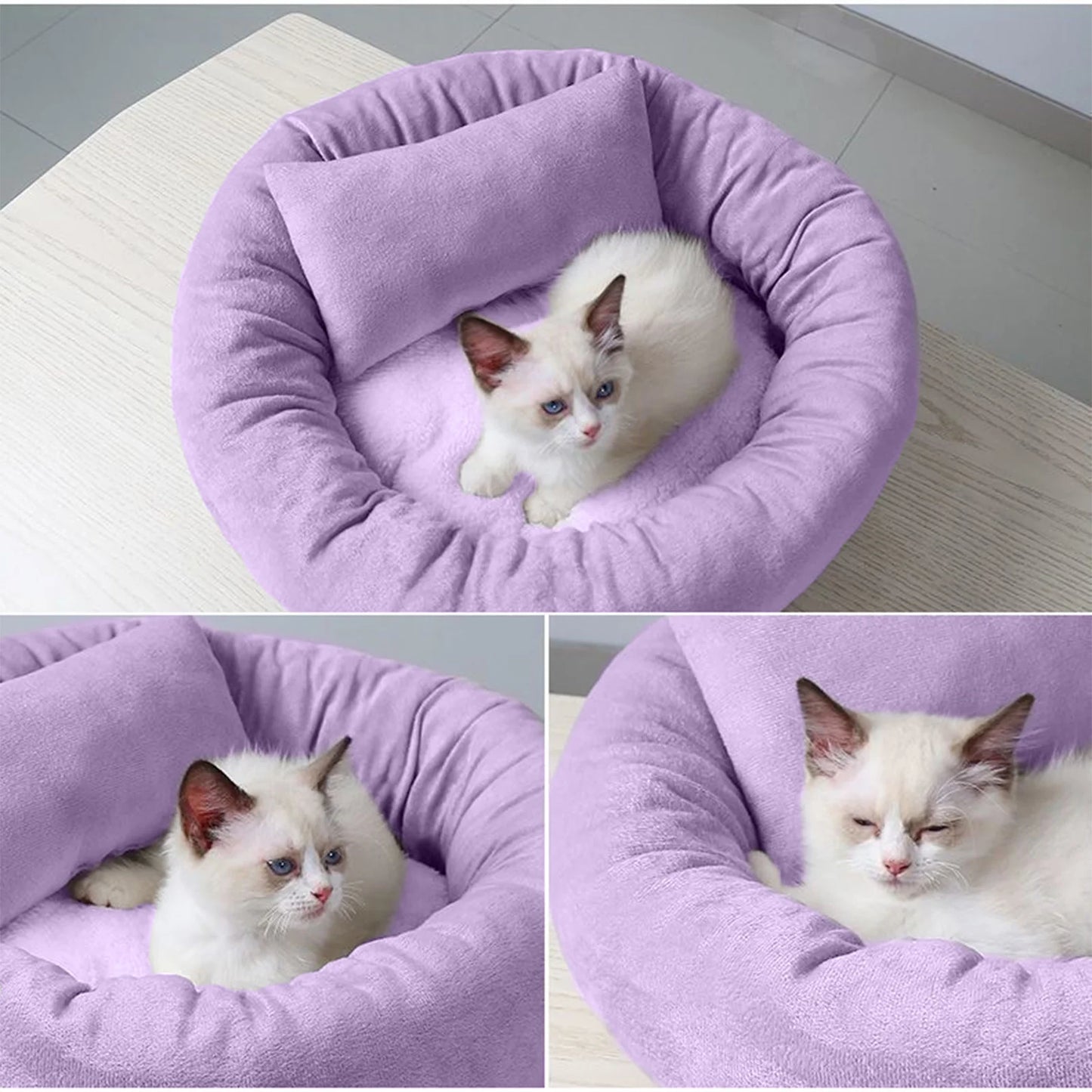 14In round Cat Beds for Indoor Cats Small Dog Bed with Pillow, Washable Soft Plush Calming Pet Bed for Kittens Puppy, Purple