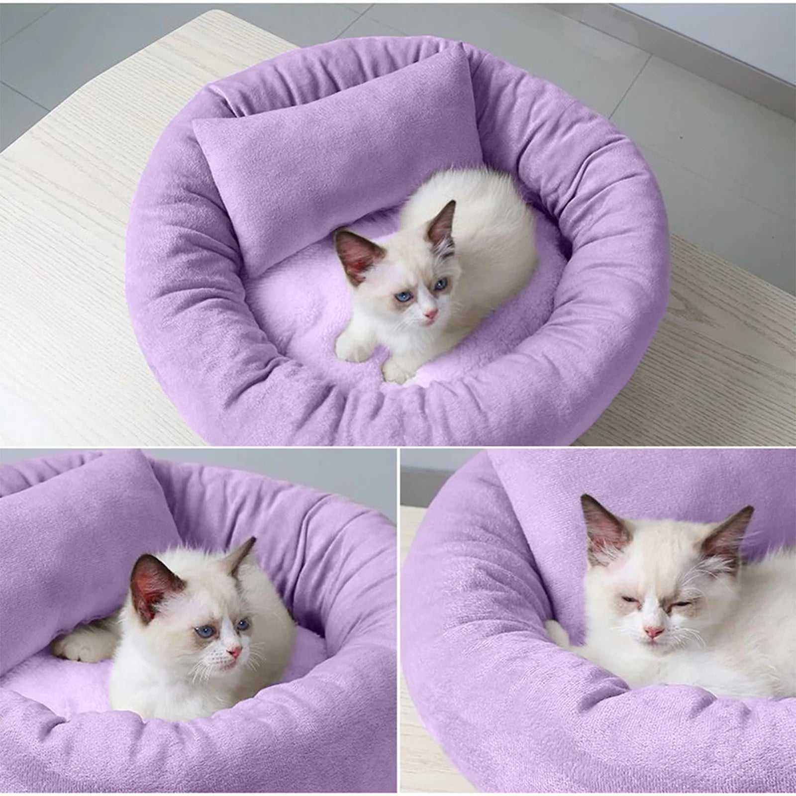 14In round Cat Beds for Indoor Cats Small Dog Bed with Pillow, Washable Soft Plush Calming Pet Bed for Kittens Puppy, Purple