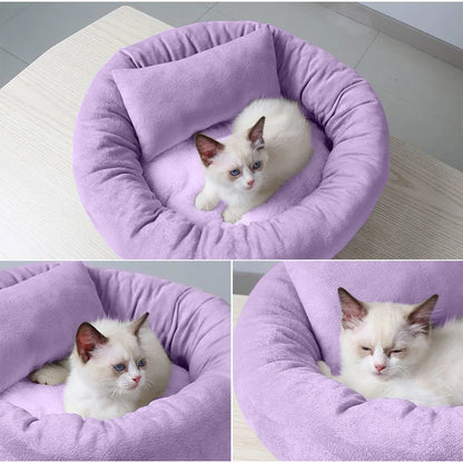 14In round Cat Beds for Indoor Cats Small Dog Bed with Pillow, Washable Soft Plush Calming Pet Bed for Kittens Puppy, Purple