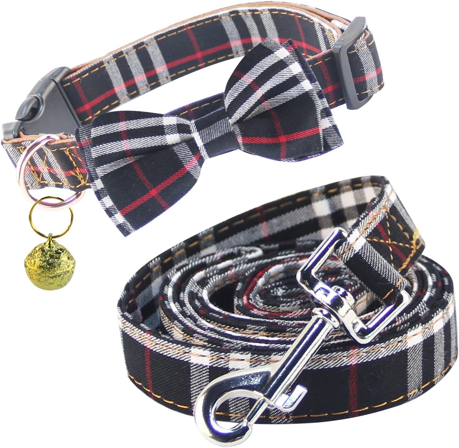 Dog Collar and Leash Set-Plaid Puppy Collar with Bow Tie - Adjustable Pet Collar for Dogs with Bell, Stylish Pattern for Small Medium or Large Boy and Girl Dog
