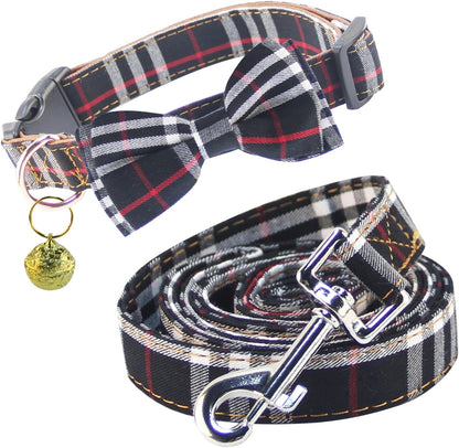 Dog Collar and Leash Set-Plaid Puppy Collar with Bow Tie - Adjustable Pet Collar for Dogs with Bell, Stylish Pattern for Small Medium or Large Boy and Girl Dog