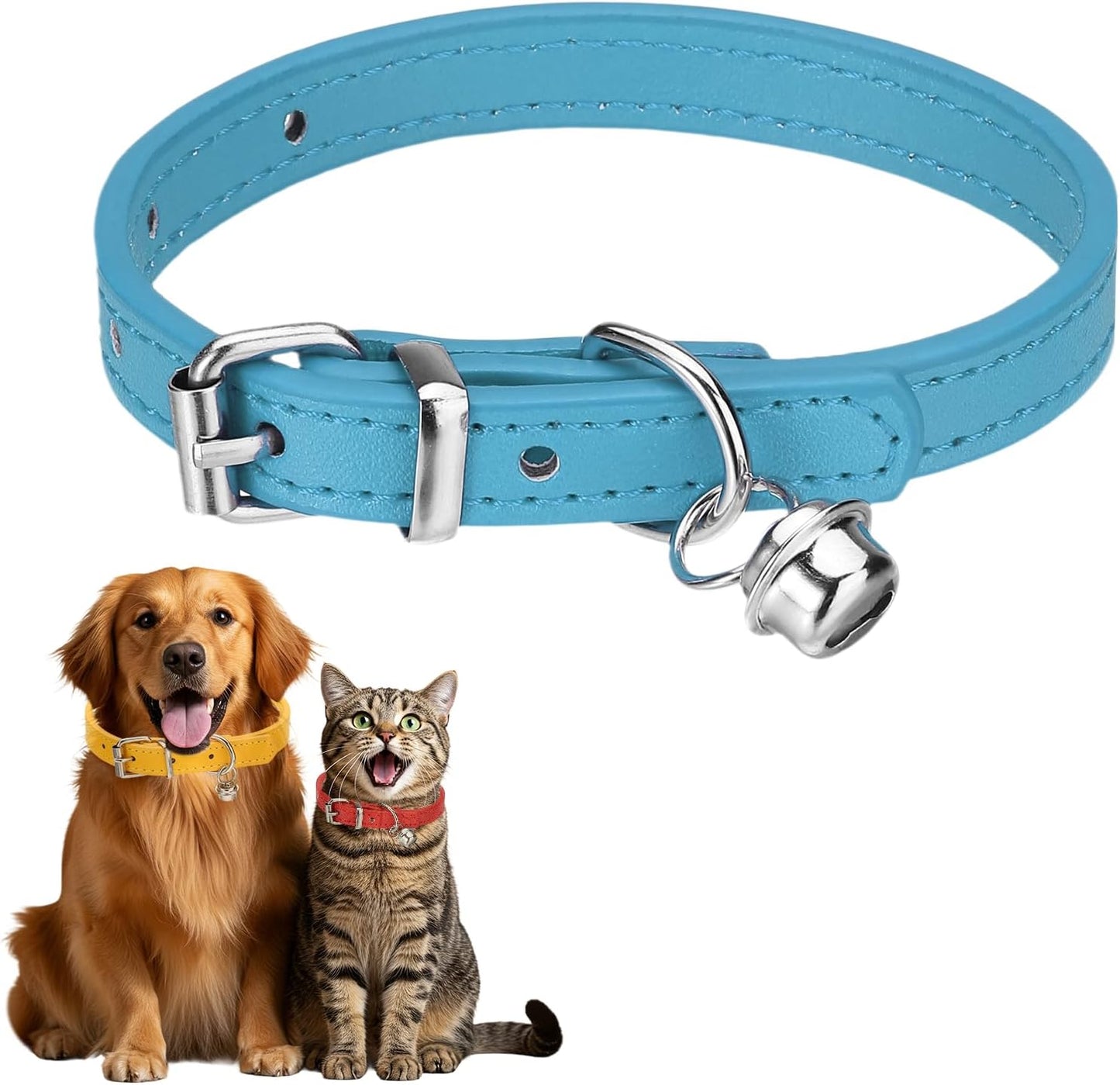 Dog Collar with Bell, Pu Leather Cat Collars Pet Basic Soft Padded Adjustable Buckle, 14.5" (Blue, 1 Pcs), Intended for Teacup/Little Dog/Kitten Cats/Small Animals