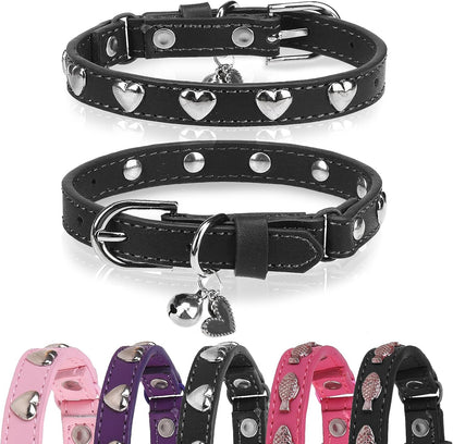 Leather Cat Collars for Boy Girl Cats with Bell and Safety Elastic Belt, Personalized Love and Fish Stud Adjustable Safe Buckle Collar for Kitty Small Big Cats Size 8-11 Inch, Black