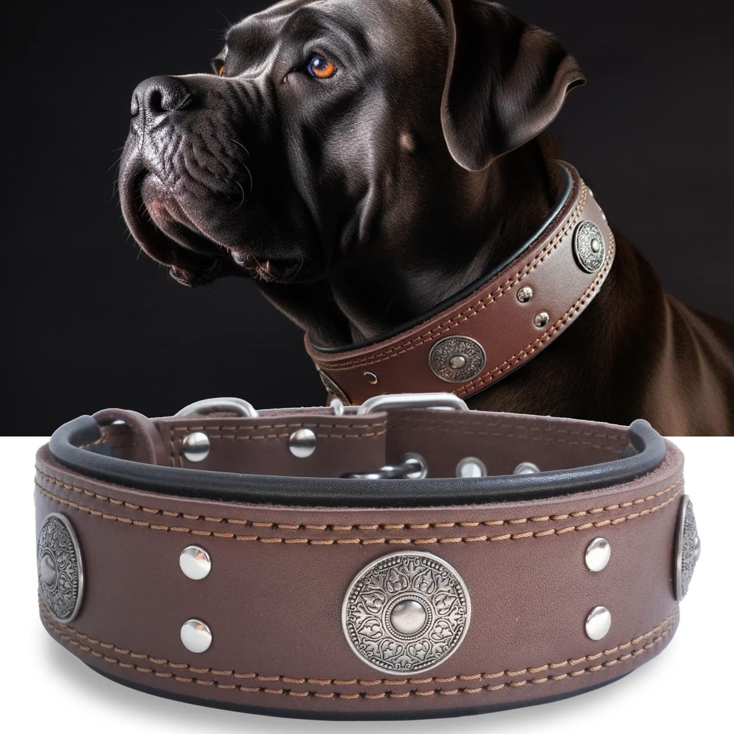 Leather Dog Collar, 2 Inches Wide Heavy Duty Genuine Leather Collars, Handmade, Soft, and Luxury, Eye-Catching Best Choice for Large and Medium Breed Dogs, Orange 18.5-22.5 In