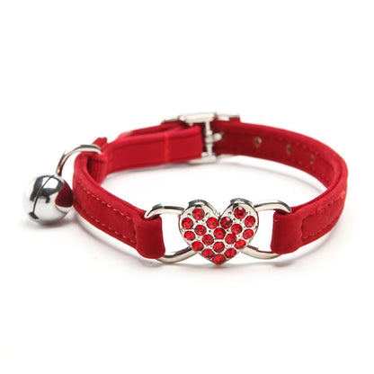 Heart Shaped Cat Collar with Bell Safety Elastic Adjustable Collar Soft Velvet Cat Crystal Collar for Kitten Puppy Pet Supplies