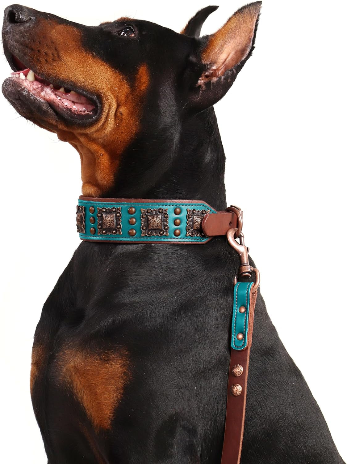 Soft Padded Leather Dog Collar, 2 Inch Wide Genuine Leather Dog Collars with Stylish Studded Rivet & Metal Buckle, Luxury & Adjustable Pet Collars for Medium Dogs,Green,Neck 16-19"