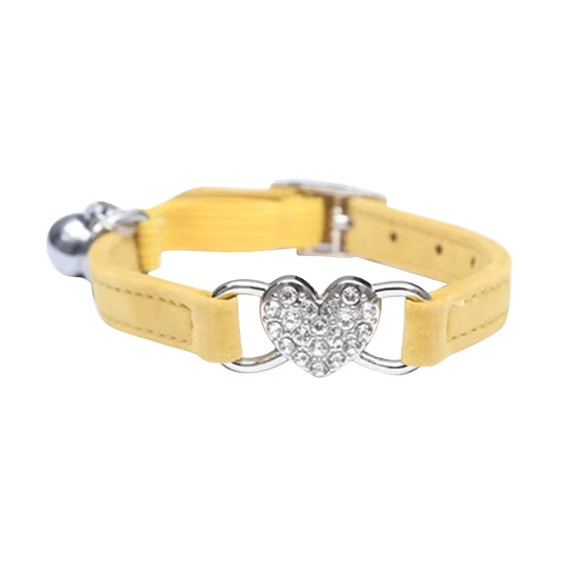 Heart Shaped Cat Collar with Bell Safety Elastic Adjustable Collar Soft Velvet Cat Crystal Collar for Kitten Puppy Pet Supplies
