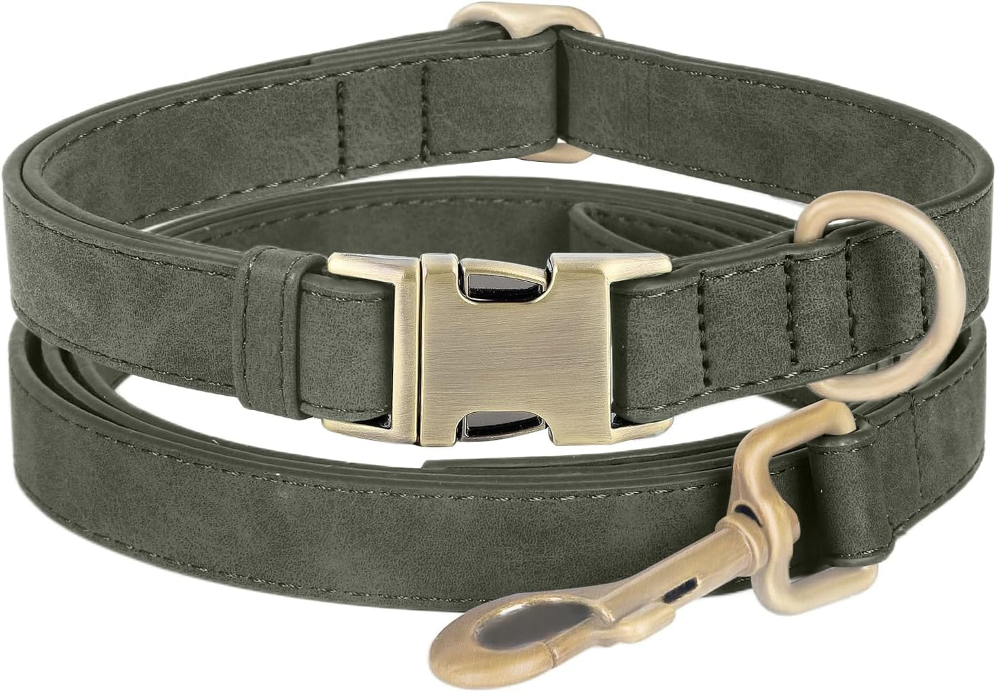Genuine Leather Dog Collar - Adjustable Pet Collar with Quick Release Metal Buckle, Soft Skin Friendly Real Leather Collar for Small, Medium, Large Dogs (Dark Green Collar + Rope, M：Fit 12-20" Neck)