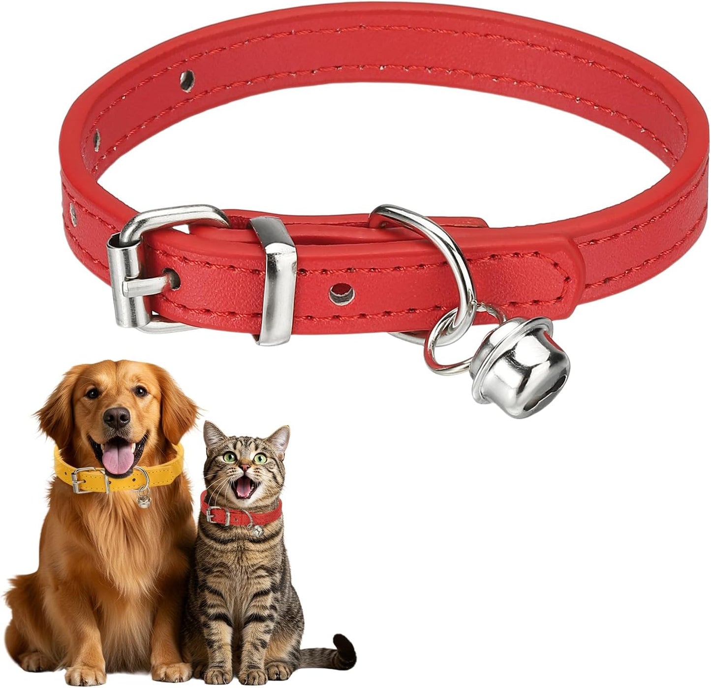 Dog Collar with Bell, Pu Leather Cat Collars Pet Basic Soft Padded Adjustable Buckle, 14.5" (Blue, 1 Pcs), Intended for Teacup/Little Dog/Kitten Cats/Small Animals