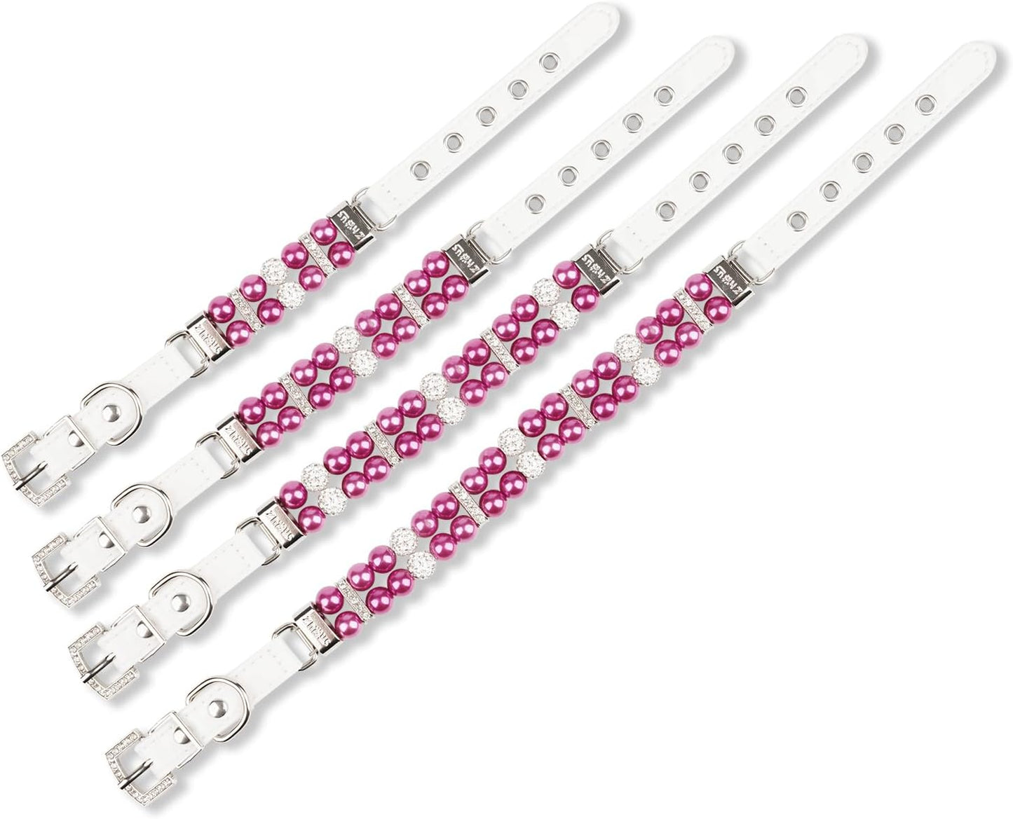 Luxury Pearl Pet Collar with Crystal Accents, Adjustable White Leather Strap, Rhinestone Decorative Design for Dogs and Cats (Fuchsia, XS(6"-8.8"))