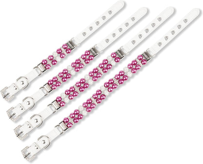 Luxury Pearl Pet Collar with Crystal Accents, Adjustable White Leather Strap, Rhinestone Decorative Design for Dogs and Cats (Fuchsia, XS(6"-8.8"))