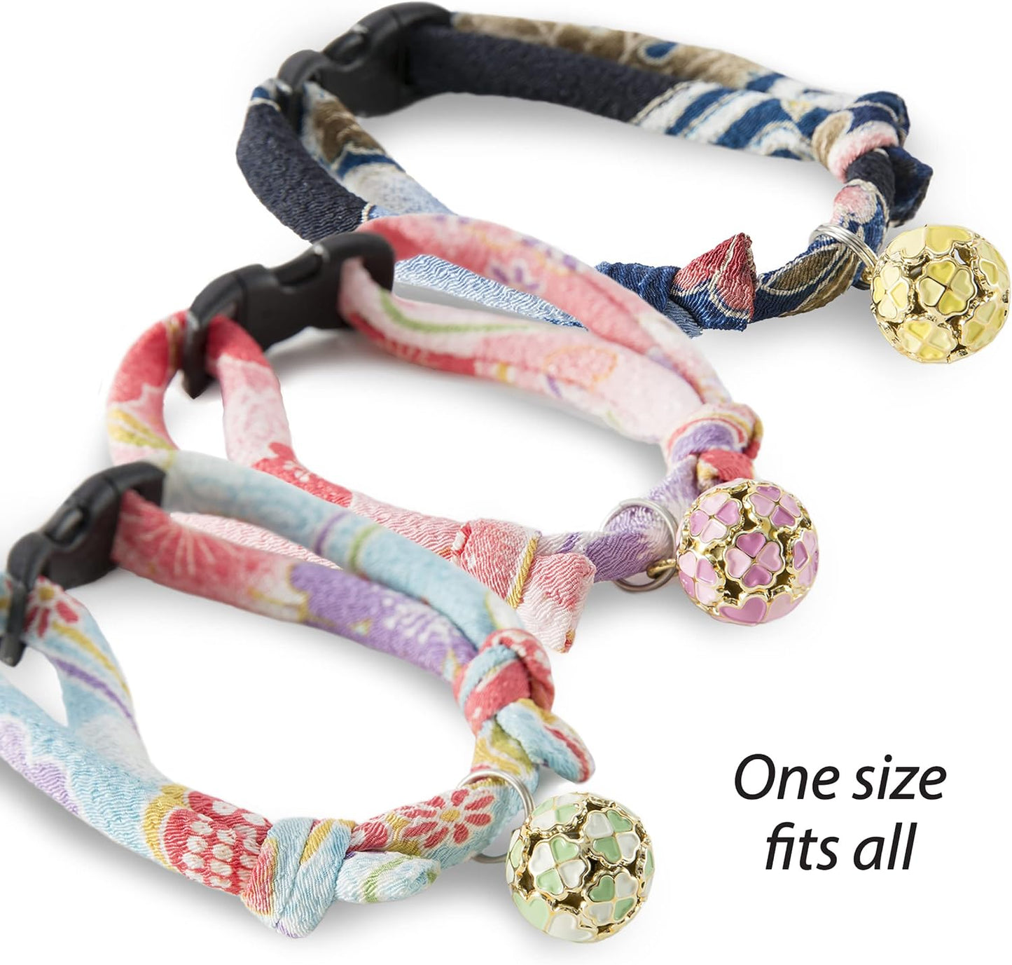 Chirimen Cat Collar with Clover Bell (Navy) with Bell Safety Breakaway Soft Lightweight for Cats Kitty Kitten Japanese Stylish Pattern, No.1 Seller in Japan
