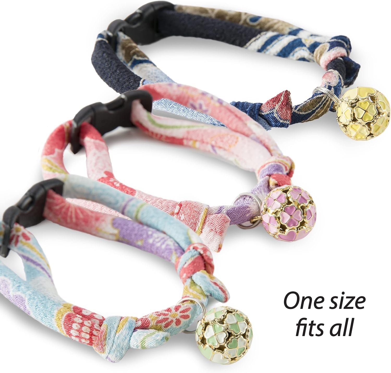 Chirimen Cat Collar with Clover Bell (Navy) with Bell Safety Breakaway Soft Lightweight for Cats Kitty Kitten Japanese Stylish Pattern, No.1 Seller in Japan