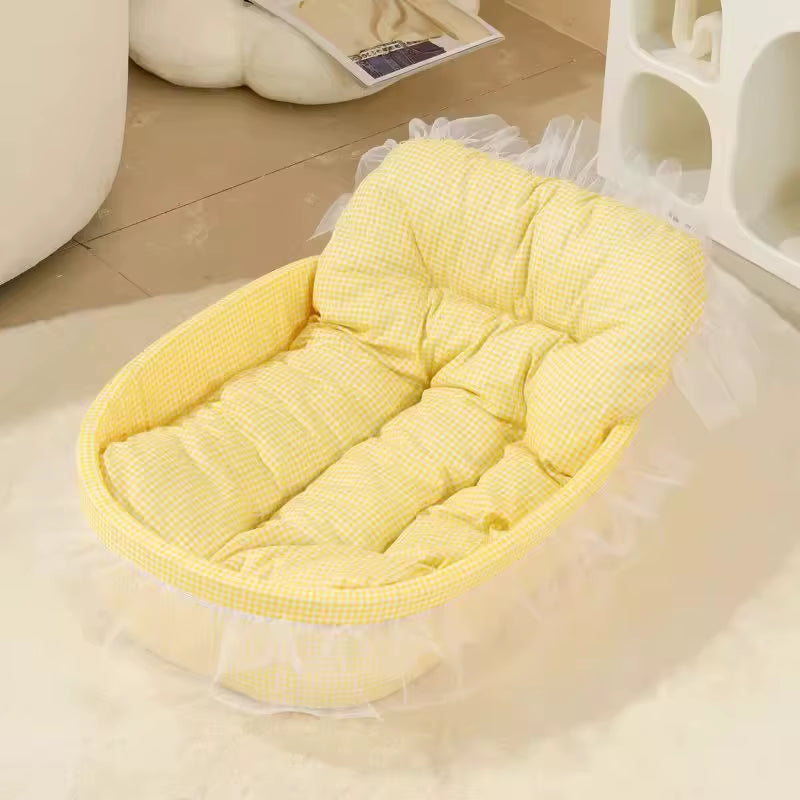 1Set Cute Lace-Trimmed Pet Princess Bed for Winter - Soft Polyester Plush Oval for Small Dogs/Cats, Easy Assembly Indoor Use