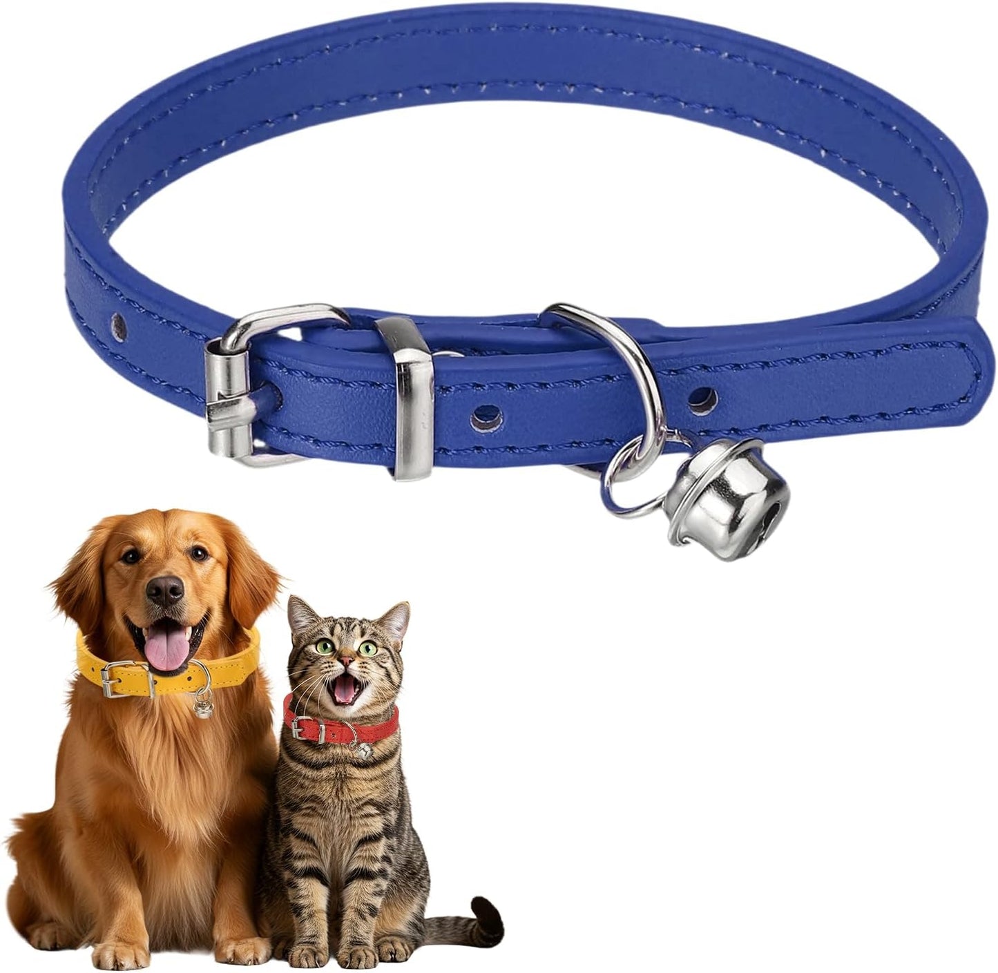 Dog Collar with Bell, Pu Leather Cat Collars Pet Basic Soft Padded Adjustable Buckle, 14.5" (Blue, 1 Pcs), Intended for Teacup/Little Dog/Kitten Cats/Small Animals