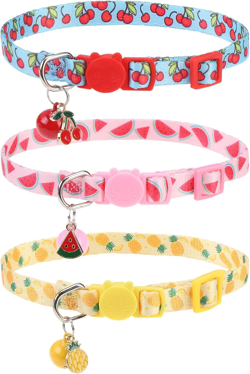 Breakaway Cat Collars with Bell & Cute Pendants, 3 Pack Safety Buckle Kitten Collars, Adjustable Pet Collar Ideal for Girl Boy Cats Puppy (Fruit Pattern)