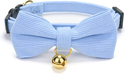 Cotton Breakaway Cat Collar with Bow Tie and Bell, Adjustable Cute Soft Corduroy Kitten Collars for Girl Cats