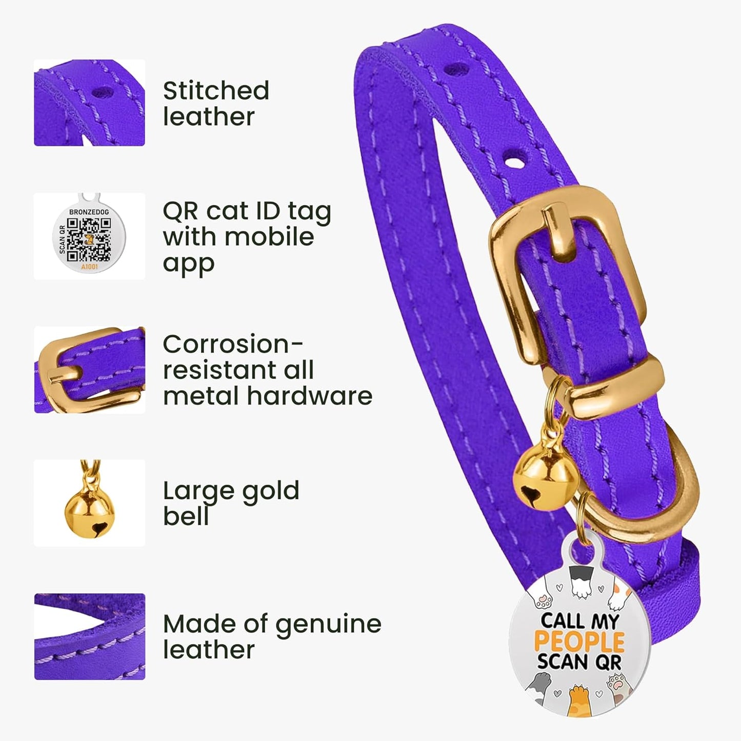 Leather Cat Collar with Removable Bells Non Breakaway Kitten QR Tag for Girl Boy (7" - 9" for Cats, Purple & Gold)