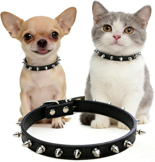 Spike Cat Collar, Spiked Dog Collar for Extra-Small to Small Dogs, Anti-Bite Studded Protective, Faux Leather Spiky Collar with Metal Rings for Hold Pet Tags/Leash, Adjustable, Black, XS