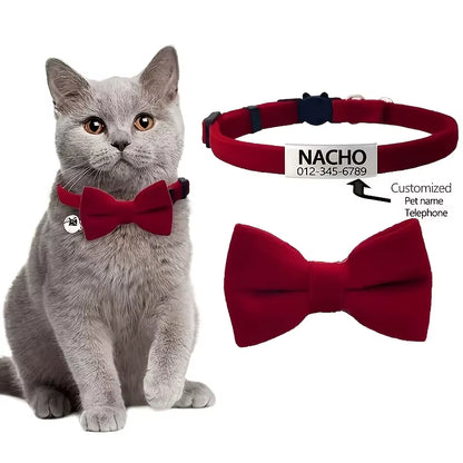 Customizable Polyester Cat Bow Tie Collar Soft Adjustable Engraved ID Name Tag Detachable Bow Bell