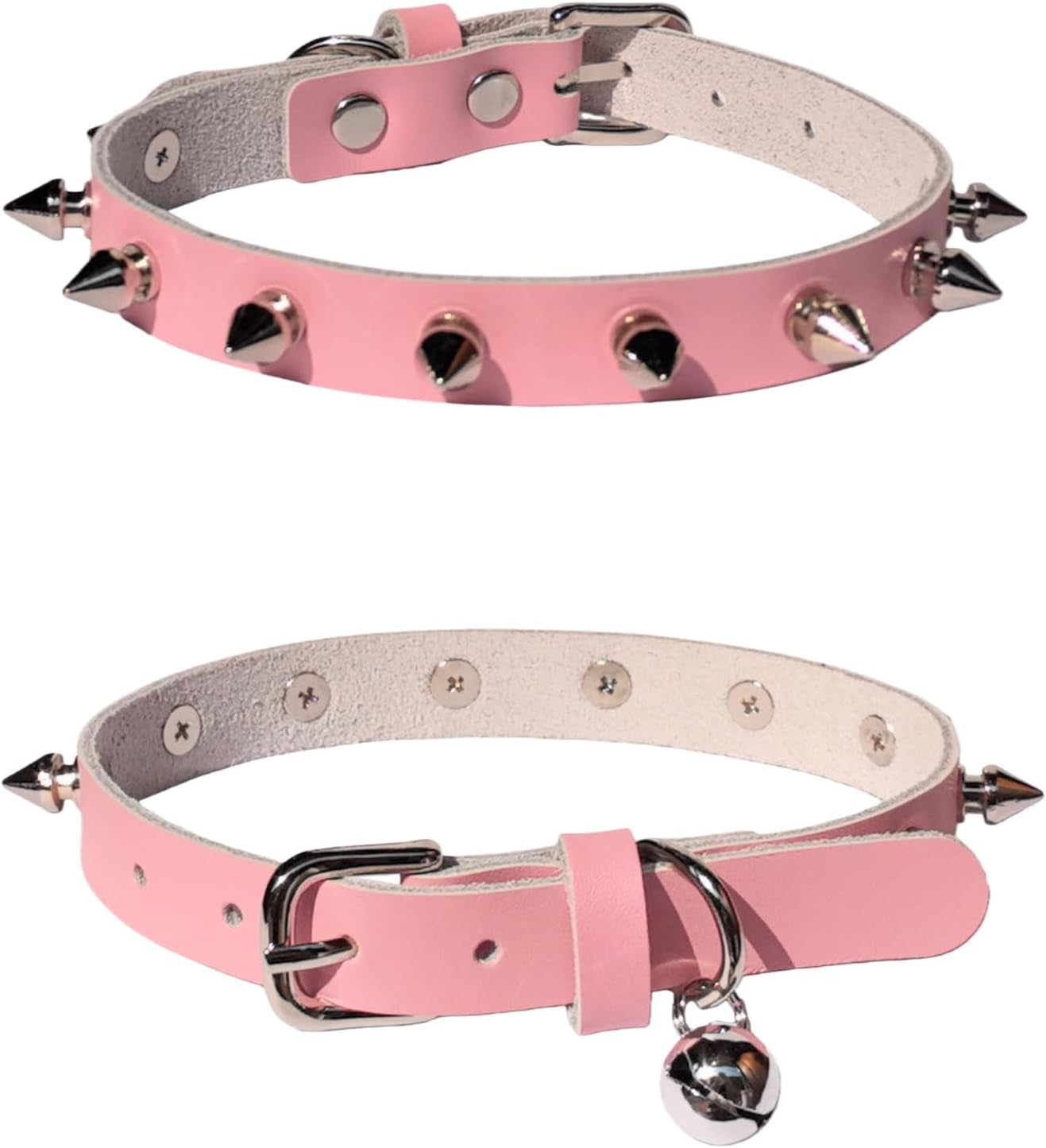Genuine Leather Spiked Collar for Small Dogs with Bell, Studded Alloy Rivets Punk Style Protective Puppy Collar for Girl Boy Cat Doggies, 5 Holes Adjustable for Tiny Little Pups, Black XS 8"-11"