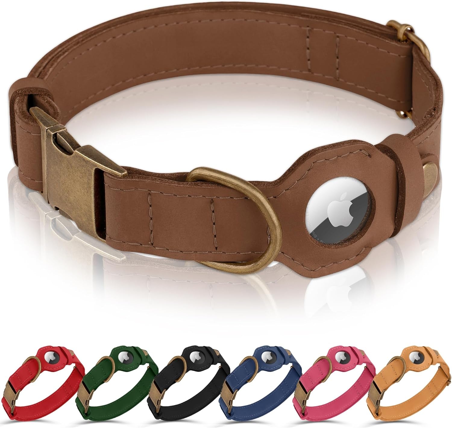 Airtag Dog Collar - Genuine Leather Dog Collar with Apple Airtag Holder and Metal Buckle - Smart GPS Tracking Pet Collars (Pink, S, 12"-15" Neck Fit)