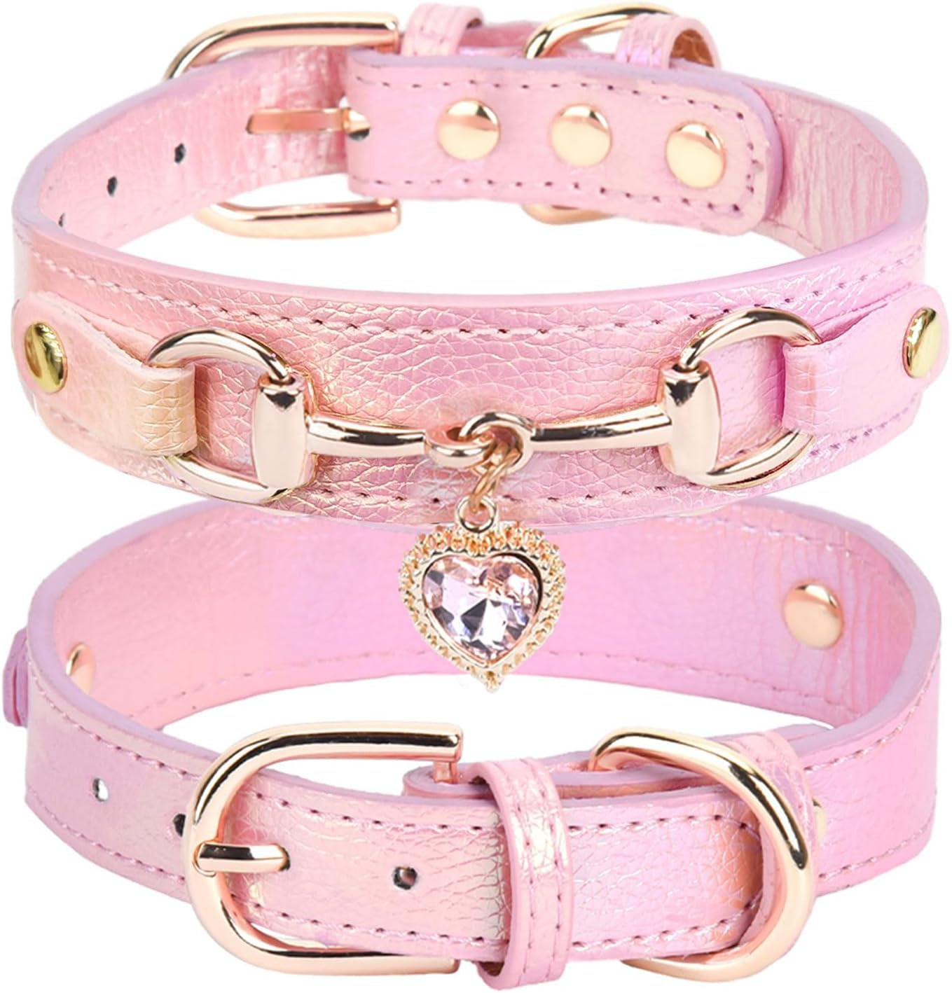 Cute Small Dog Cat Collar, Unique PU Leather - Bling Sparkle in the Sunlit, Puppy Collars with Rhinestone Heart Pendant, Pet Dog Necklace Collar Chihuahua (Pink, XS (Neck 8"-10"))