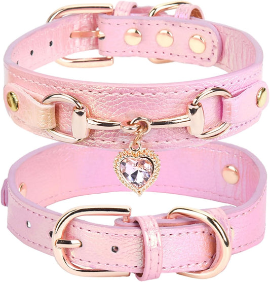 Cute Small Dog Cat Collar, Unique PU Leather - Bling Sparkle in the Sunlit, Puppy Collars with Rhinestone Heart Pendant, Pet Dog Necklace Collar Chihuahua (Pink, XS (Neck 8"-10"))