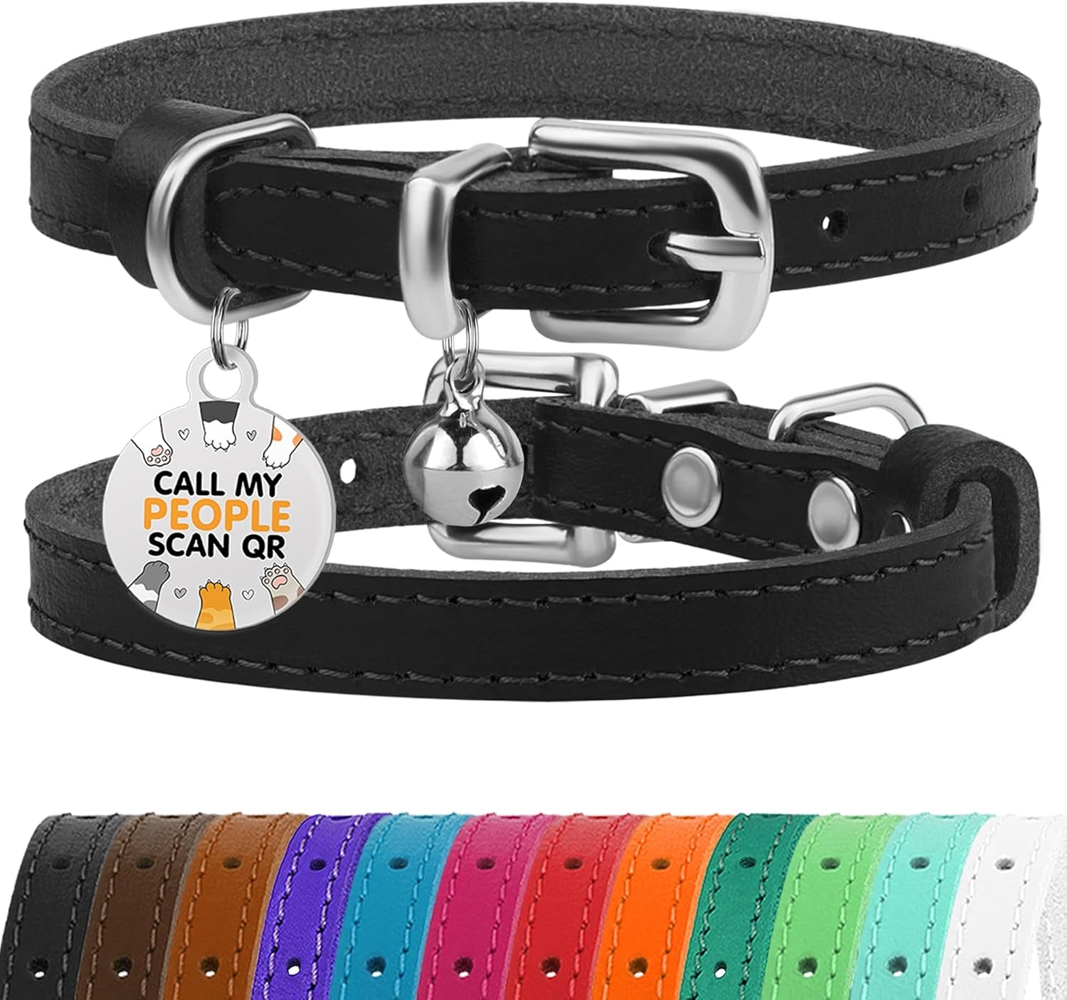 Leather Cat Collar with Removable Bells Non Breakaway Kitten QR Tag for Girl Boy (7" - 9" for Cats, Purple & Gold)