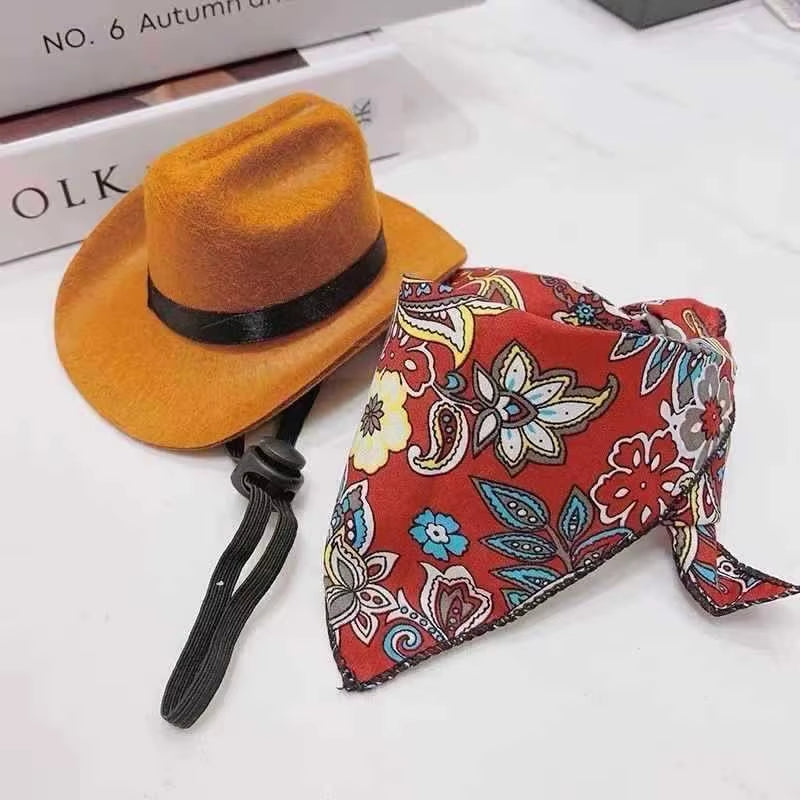 Pet Hat Set Western Cowboy Suitable for Cats and Dogs Fashionable Pet Accessory Cat Triangle Scarf