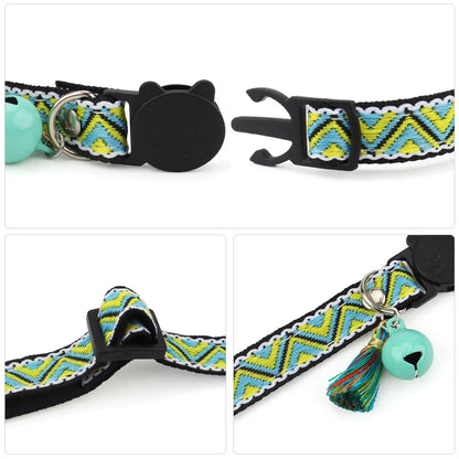 Adjustable Cat Collar Polyester Jacquard Pattern Pet Collar with Bell and Tassel Decoration for Cats and Small Dogs to Keep Lost
