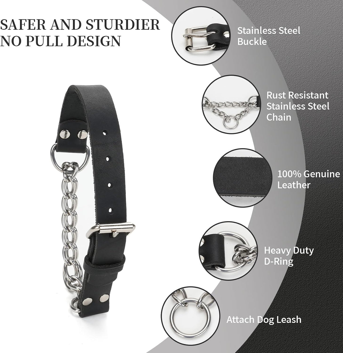 No-Pull Adjustable Martingale Collar for Dogs - Genuine Leather with Stainless Steel Chain, Anti-Slip Design for Small, Medium & Large Breeds - Black (M)