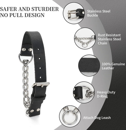 No-Pull Adjustable Martingale Collar for Dogs - Genuine Leather with Stainless Steel Chain, Anti-Slip Design for Small, Medium & Large Breeds - Black (M)