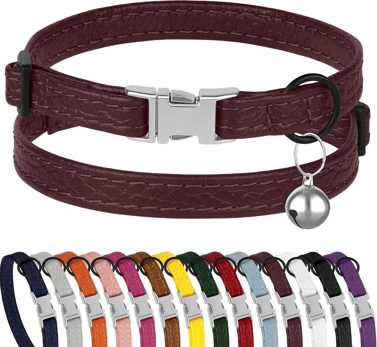 Leather Cat Collar with Buckle and Removable Bell - Non Breakaway Adjustable Soft Safety Small Pet Collars for Girl Boy Cats Kitten (Black)