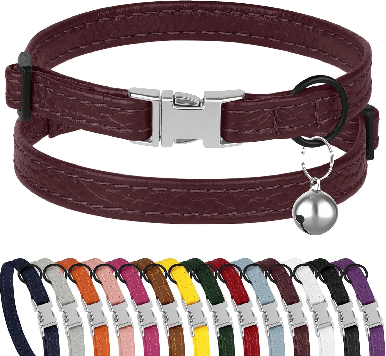 Leather Cat Collar with Buckle and Removable Bell - Non Breakaway Adjustable Soft Safety Small Pet Collars for Girl Boy Cats Kitten (Black)