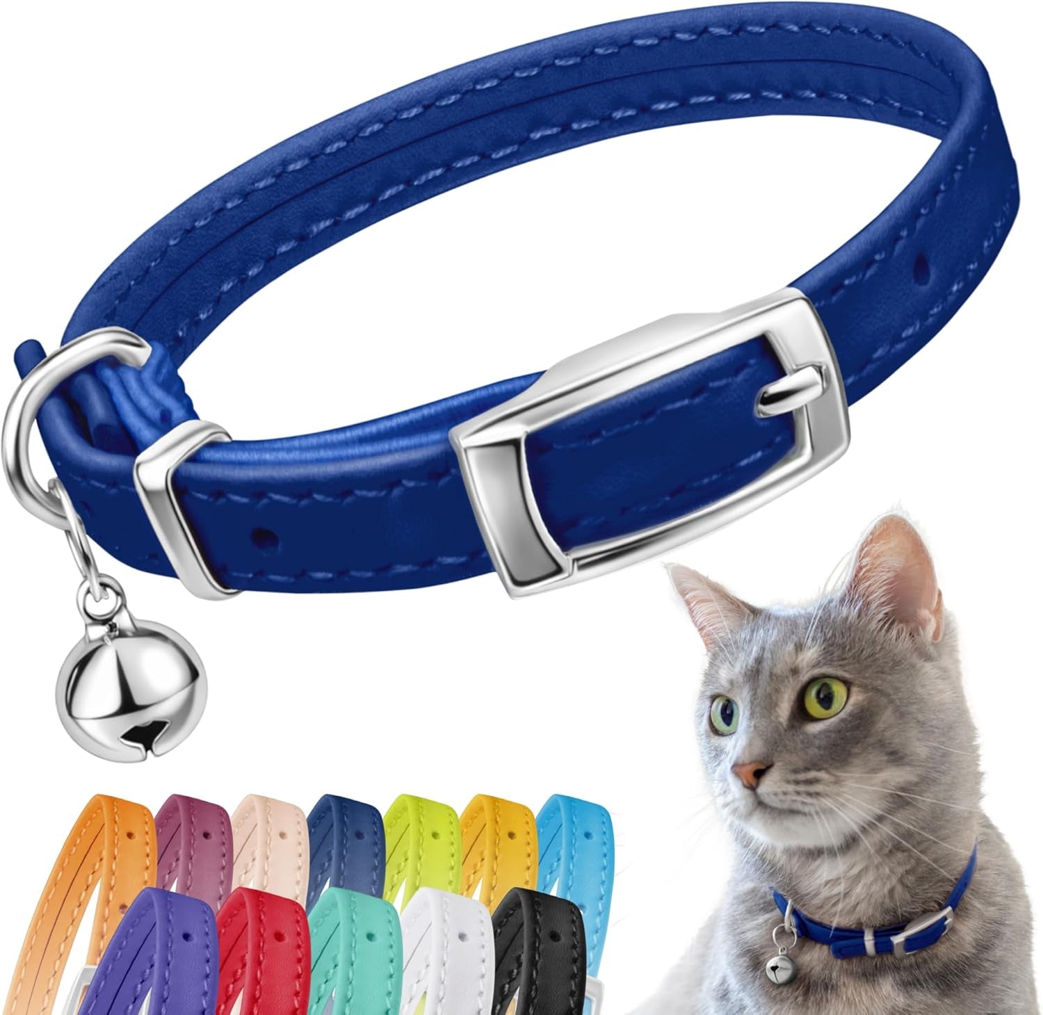 Leather Cat Collar with Removable Bell – Safety Elastic Strap (Breakaway Alternative) – Kitten Collar for Small & Big Boy & Girl Cats